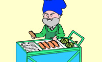 Kleur deze tekening van een hotdogverkoper mooi in.