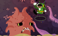 Este � um divertido jogo local de m�ltiplos jogadores que podes jogar quer sozinho quer com m�ltiplos jogadores. Continua a evitar o monstro em cada arena, enquanto lutas contra os outros alien�genas. Podes lutar com o teu oponente com diversas armas: granadas, armas, super poderes, uma subst�ncia cor de laranja que os monstros adoram, uma lanterna, po��es m�gicas e laser. Aquele que durar mais, ganha a luta. S� o primeiro a ganhar cinco batalhas!