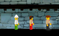 Probeer om de wapenuitrusting van een ridder te pakken te krijgen door met drie Legopoppetjes samen te werken. Je moet door sloten heen, waarmee je deuren kunt openen. Als het ene poppetje op een slot staat, kan een ander poppetje erdoor.