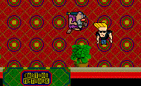 Dit is het spel Zomerkamp 2. Je begint nu binnen. Je moet in het begin bij een van de deuren een wagentje halen. Die moet je geven aan een poppetje met een blonde kuif (Johnny Bravo). Dan laat hij je er door en kun je de wereld in. Met enter druk je tekst schermpjes weg waar je opdrachten op kunt lezen. 