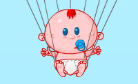 Deze baby hangt aan een parachute, en wil zo veel mogelijk melkflesjes verzamelen want hij heeft heel erg dorst. Kijk je wel uit voor de wolkjes?