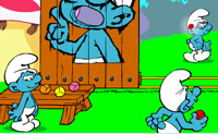 Gooi ballen door de mond van het bewegende Brilsmurf bord.
