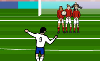 Schiet de bal over de muur heen of er langs in het goal. Je moet wel hard genoeg schieten! 