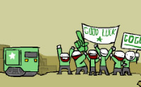 Probeer om met deze groene tank langs alle hindernissen en robots heen te komen. Pas op dat je niet het ravijn in valt.