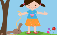 Kleed dit meisje leuk aan voordat ze met haar hondje gaat wandelen.