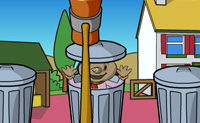 Sla Spud op zijn hoofd wanneer hij uit de vuilnisbak komt!