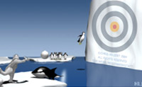 Probeer om de pinguin in het midden van het dartbord te gooien via de sneeuwbal die je op de pinguin gooit.