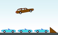 Laat de stationwagon over de auto's, fotohuisjes en haaientanks springen. Met de muis kun je de pook met de smiley bewegen en zo gas geven of remmen. Veel plezier!