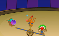 Je gaat in het circus met twee clowns op een springplank springen om balonnen te raken. Spring telkens iets hoger tot je de balonnen kan raken.