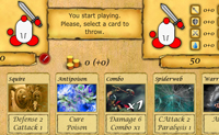 Este � um jogo de desempenho de personagens no qual tens de derrotar o teu advers�rio jogando as cartas estrategicamente. H� cinco diferentes cartas de 'Efeitos' que podes jogar: 'Dano' para magoar o advers�rio, 'Dreno' para roubar a sua sa�de, 'Dreno Karma' para roubar o seu bom karma, 'Sa�de' para te curares e 'Combo' para jogar v�rias cartas ao mesmo tempo. H� tamb�m oito 'modificadores' com os quais podes alterar os efeitos das tuas cartas. Entre mundos de n�veis podes comprar cartas com o dinheiro que ganhaste. Boa sorte!