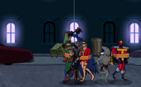 Batman's vrienden zijn gevangen gezet door de boeven! Nu moet Batman zien ze te redden. Aan de rode icoontjes onder in het scherm kun je zien waar zijn vrienden zijn. Pas goed op, want de boeven slaan hard en er vliegen bommen aan paraplu's door de lucht. Voor je het weet, is het spel over. Veel plezier!