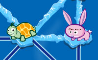 Ken je het fabeltje met de haas en de schildpad? De haas dacht de trage schildpad te snel af te zijn. Doordat de haas een dutje deed omdat het zo warm was, en de schildpad rustig doorliep, won de schildpad uiteindelijk. Deze schildpad en haas willen ook kijken wie van hen twee�n het snelst is, maar dan in een wedstrijd op het water. Ze springen van ijsschots naar ijsschots. De schildpad is best snel, maar heeft wel een beperking: hij kan wel over water springen, maar niet lopen over het ijs dat ontstaat wanneer hij ergens overheen is gesprongen. Denk dus goed na in welke volgorde je op de ijsschotsen klikt!