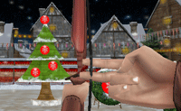 Op een kerstmarkt kun je meedoen aan een boogschietwedstrijd, waarbij je moet proberen om zo veel mogelijk kerstballen te raken.
