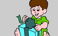 Dit jongetje heeft een mooi cadeau gekregen en staat op het punt om het uit te pakken. Wat mooie kleuren maken dit plaatje compleet, dus doe je best!