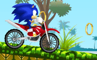 Sonic heeft besloten om een trial te gaan rijden! Hij wil wel zo veel mogelijk punten verzamelen (dit zijn de gouden ringen die in de lucht zweven). Zorg dat hij niet over de kop slaat!